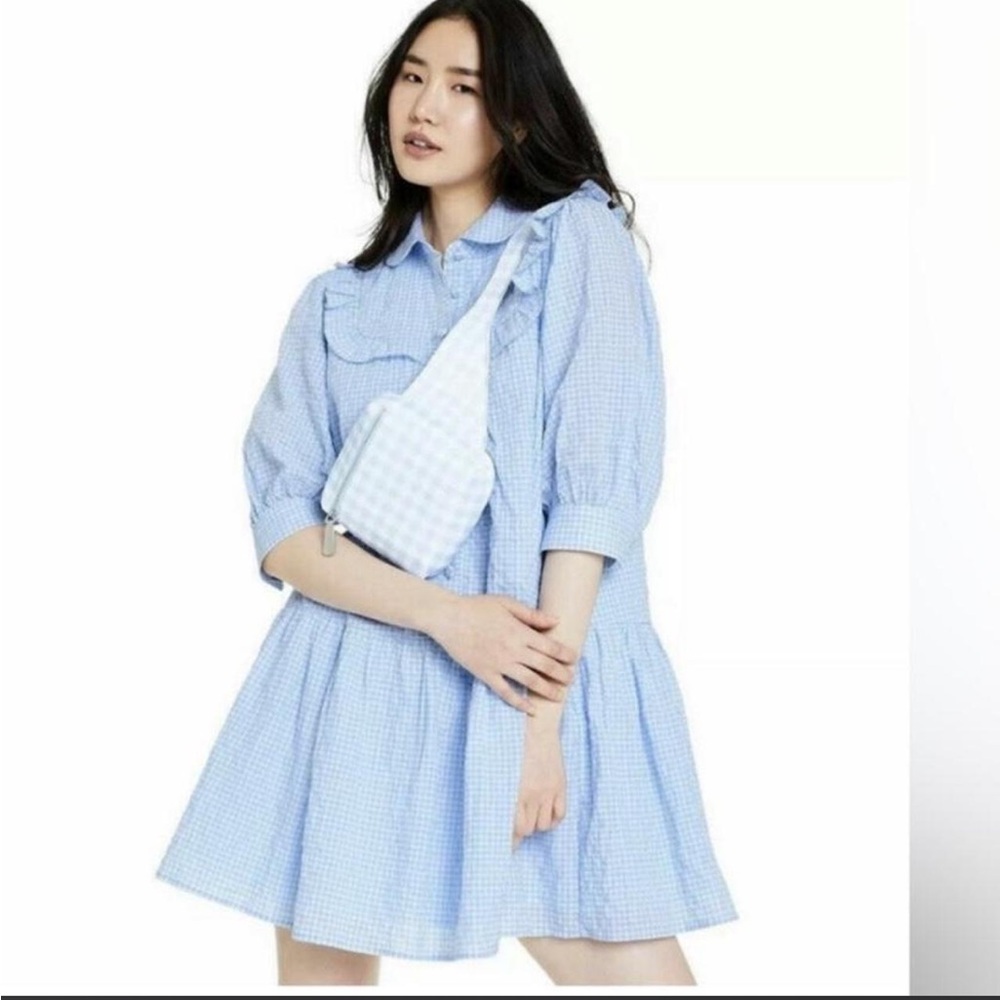 Sandy Liang Gingham Square Ruffle Yoke Botton Front Dress Tiered Coastal Cottage